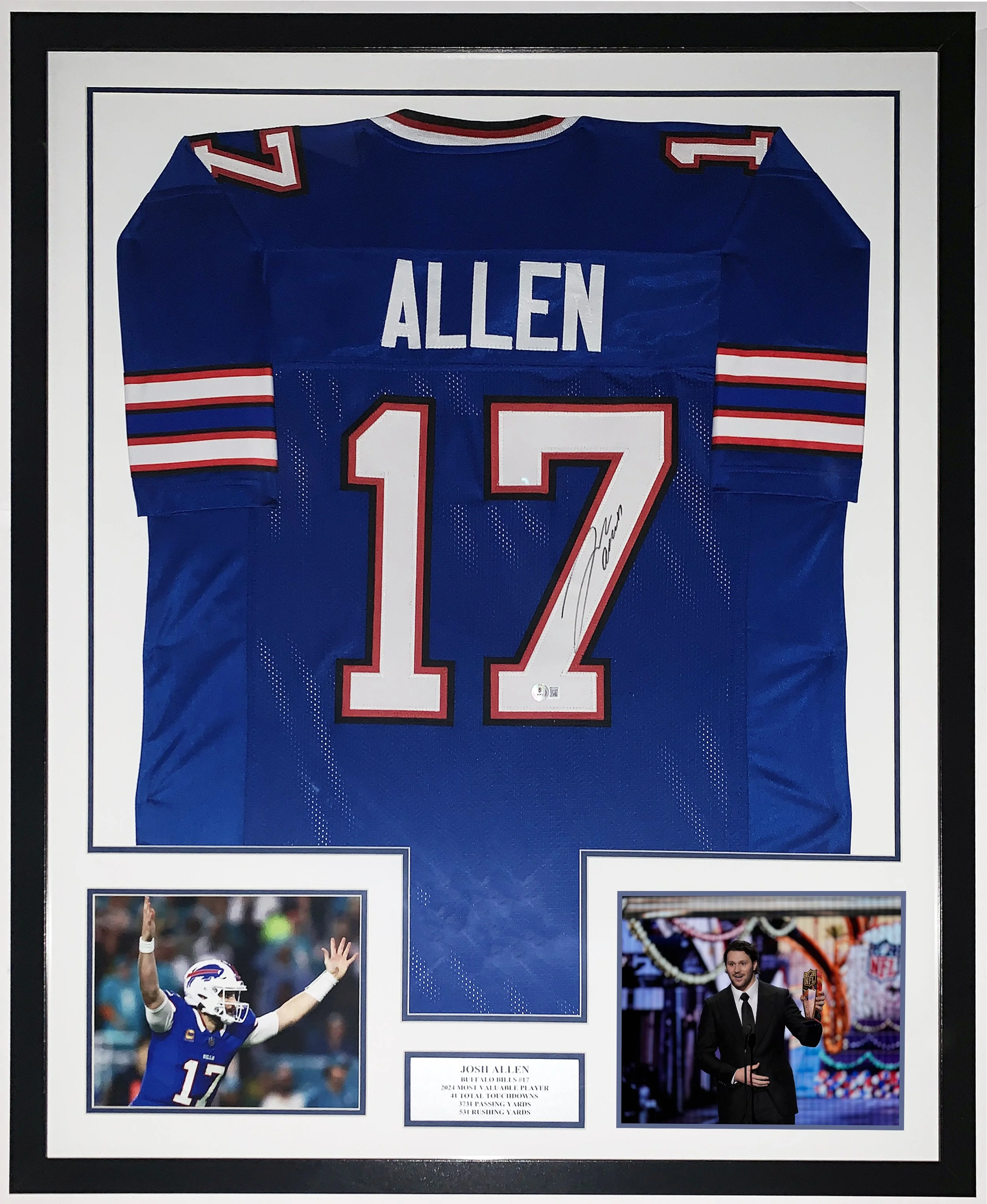 Josh Allen Authentic Signed Buffalo Bills Jersey and 2024 MVP Photo and Plate - Beckett BAS Authenticated COA - Professionally Framed 34x42