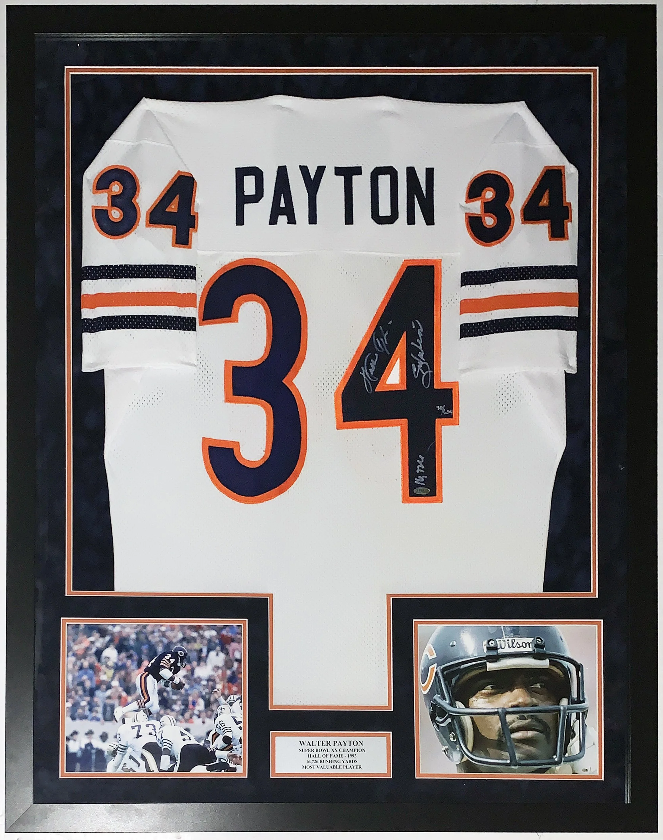 Walter Payton Signed Chicago Bears Jersey and Sweetness and 16,726 Yards Inscription #'d /634 - Steiner Sports COA Authenticated - Professionally Framed and Photo and Plate 34x42