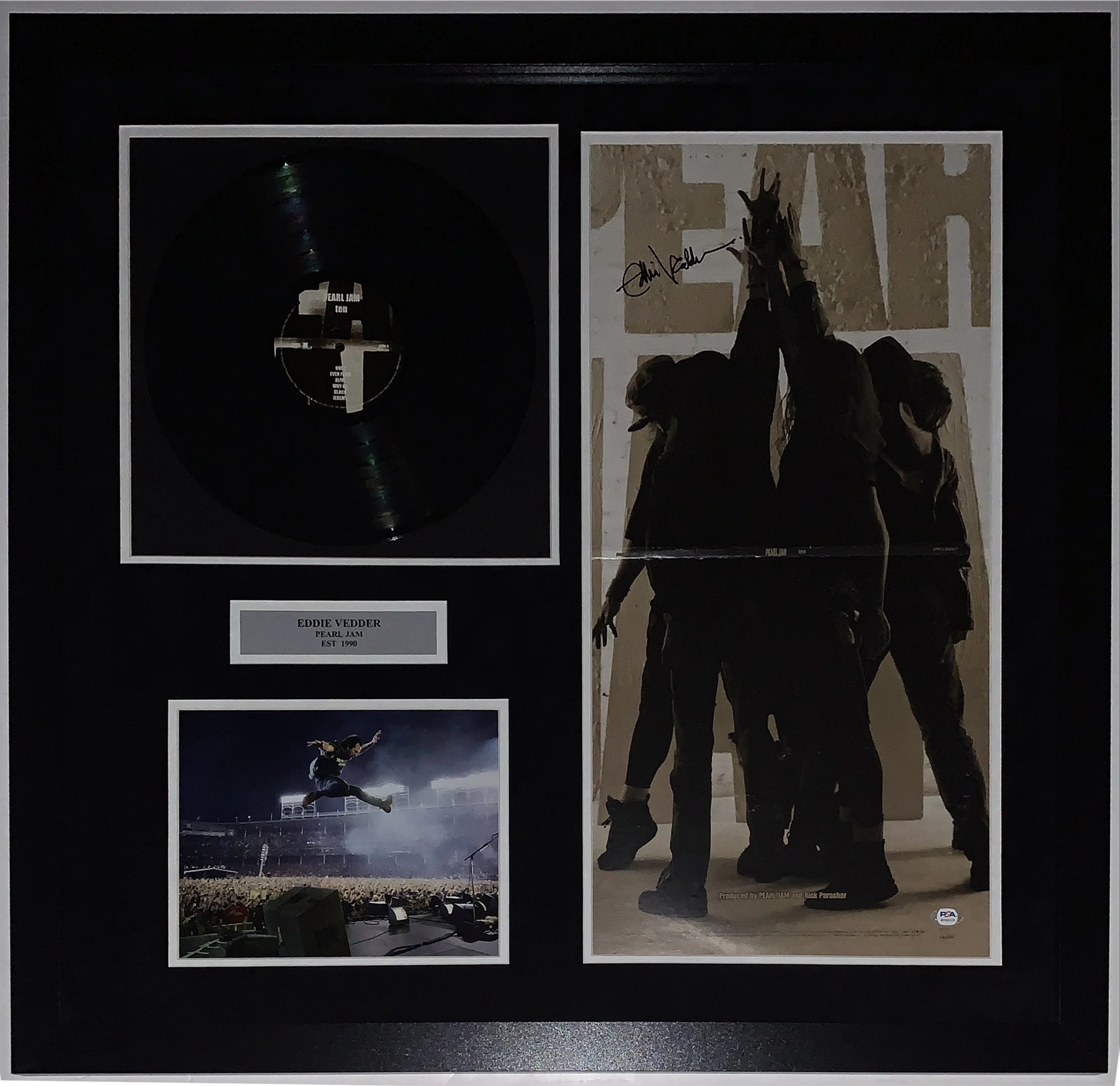 Eddie Vedder Signed Original Pearl Jam Ten Album and Concert Photo and Record - PSA DNA COA Authenticated - Professionally Framed 32x32