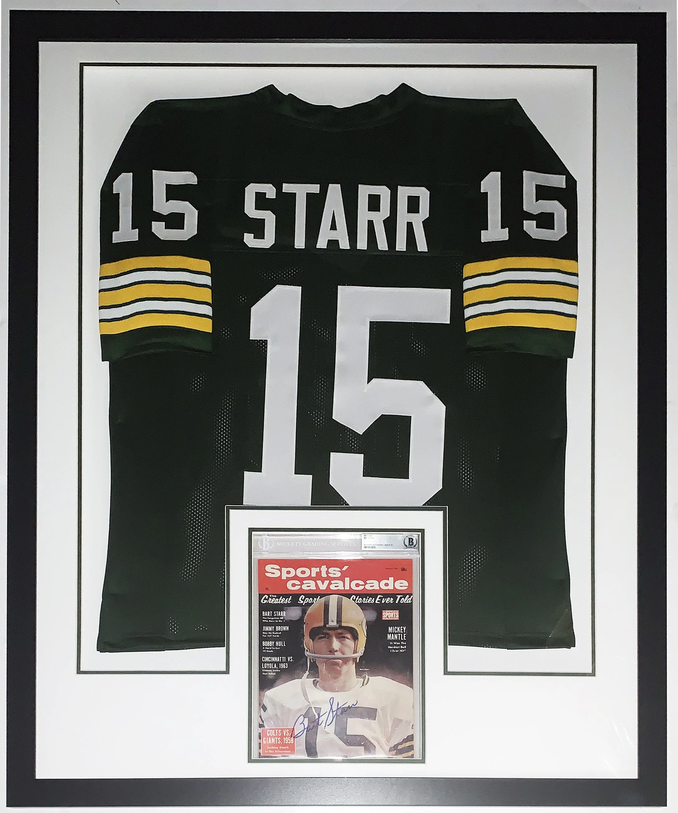 Bart Starr Signed 1964 Sports  Cavalcade Magazine and Green Bay Packers Jersey - Beckett Authentication Services BAS COA Authenticated - Professionally Framed 34x42