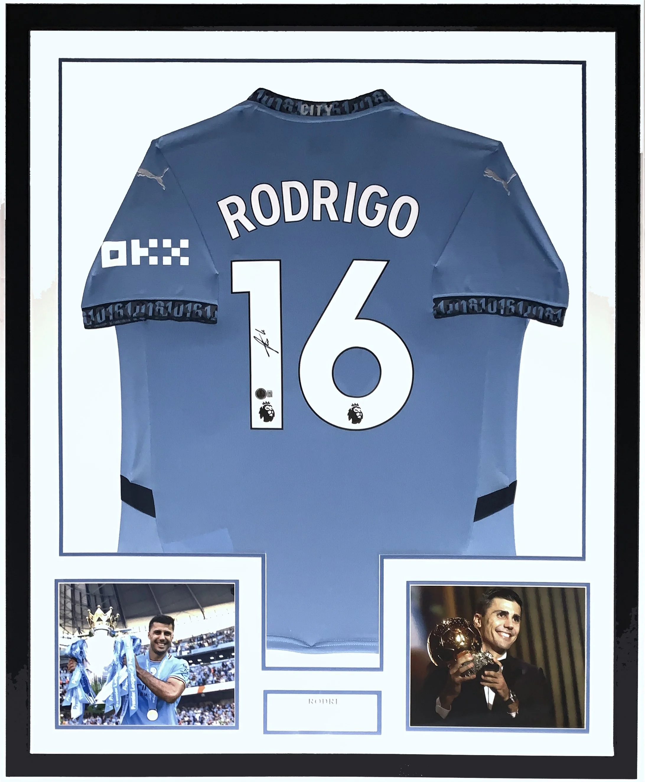 Rodri Signed Manchester City Jersey and 2024 Ballon d'Or Trophy Photo and Plate- Beckett Authentication Services BAS COA - Professionally Framed 34x42
