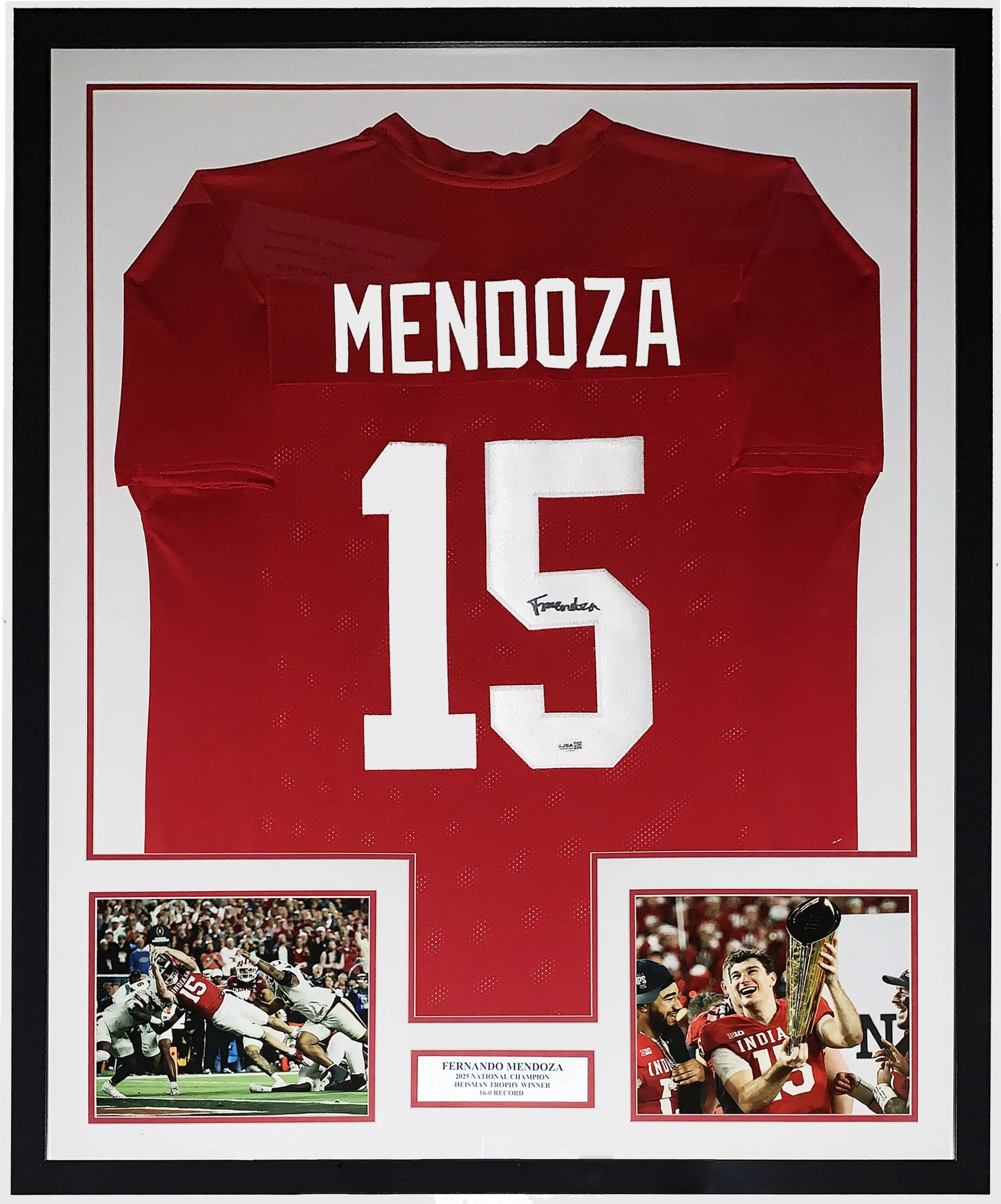 Fernando Mendoza Authentic Signed 2025 Indiana Hoosiers Jersey and National Championship Photo - JSA COA Authenticated - Professionally Framed and Undefeated and Heisman Winner Plate