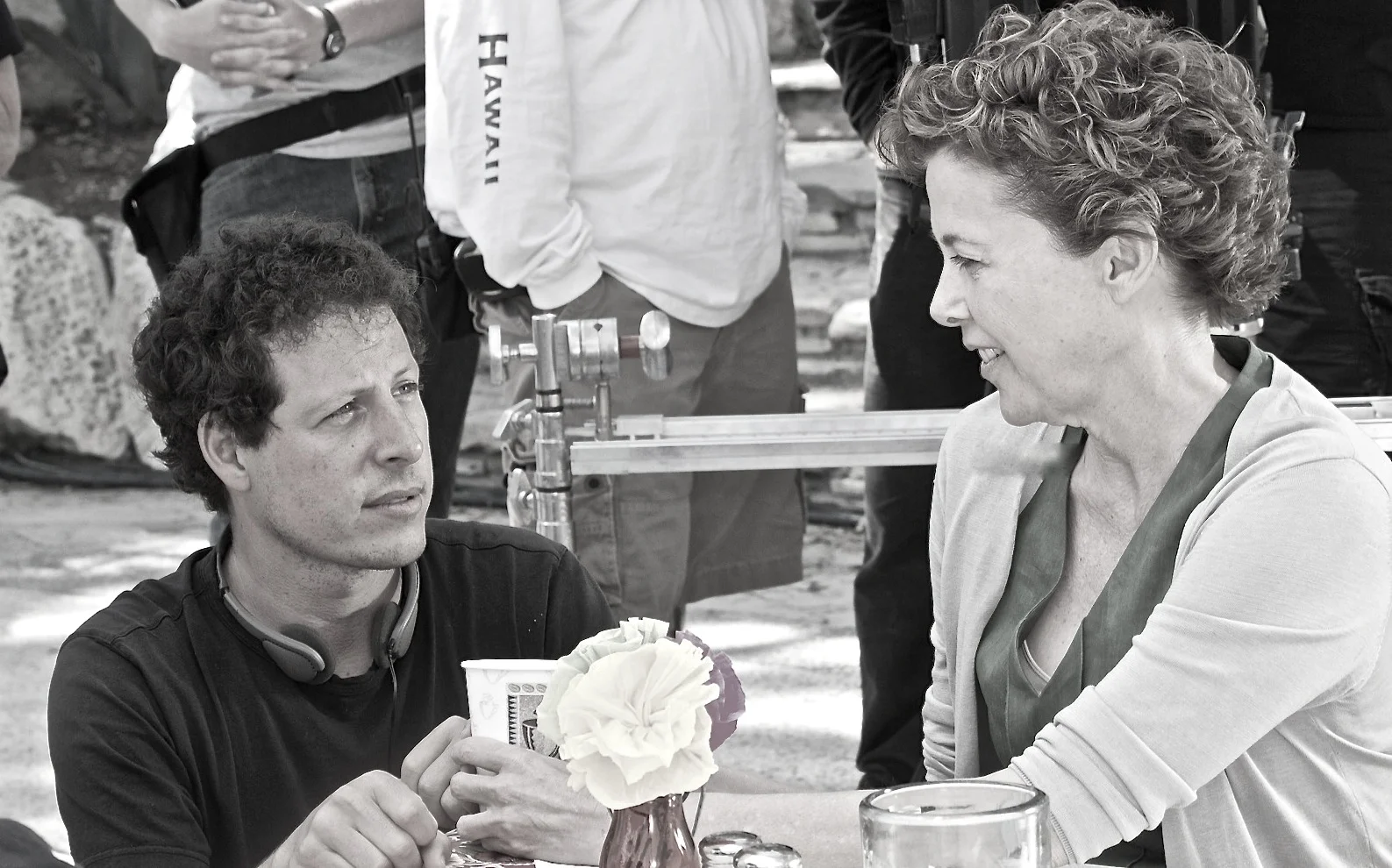 with Annette Bening. Annette's immense talent will bring any director to his knees. Here we're on the set of the "Restaurant in Mexico" which was actually built amongst the twisted rubble of an abandoned beach near San Pedro, California (designed by genius production designer Jeanine Oppewall).