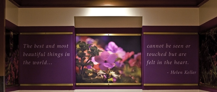 The wall outside the elevator bank and bathroom.