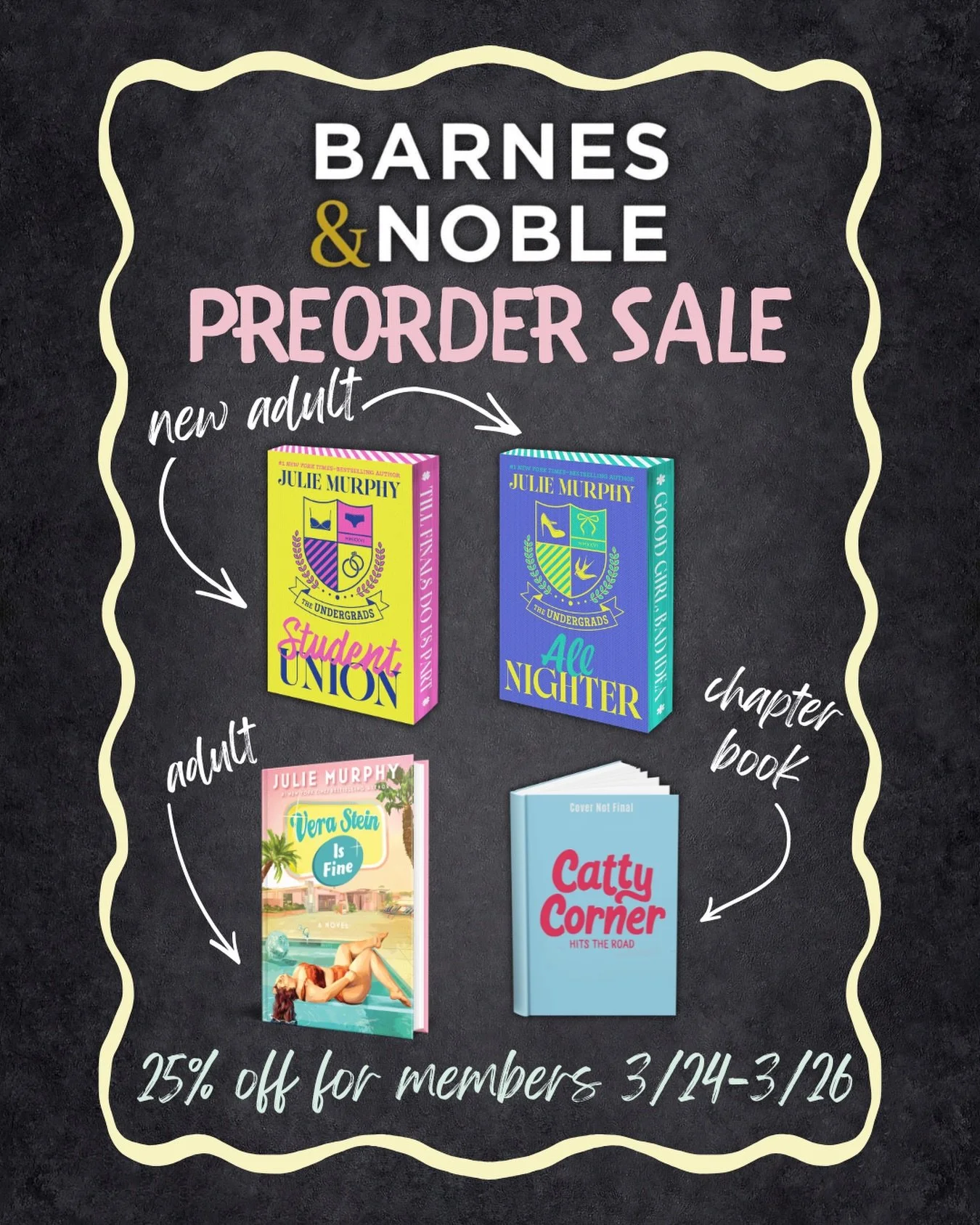 It&rsquo;s that time of the year again where Barnes and Nobles members get 25% off on preorders!!

Here&rsquo;s what you can grab from Julie HQ this time around:

🍀Student Union (new adult, marriage of convenience)
🌼All Nighter (sequel to Student U