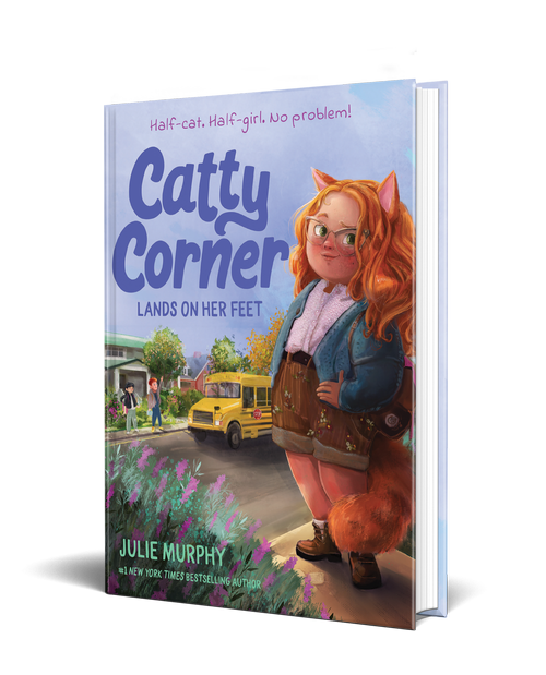 Catty Corner Lands On Her Feet. A young girl with wavy red hair, glasses, and a bright orange tail stands in front of a school and bus
