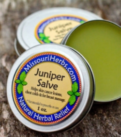 Juniper Salve - Historical uses: skin cancer lesions, chest colds, and breast massage. Juniper infused oil “contains anti-tumor oils, dissolves trouble-some lumps, and repairs abnormal cells.” The University of Missouri-Columbia found compounds in the tree that fight and kill skin cancer cells in mice. *Not intended to prescribe or cure. 1 oz. - $7. 2 oz. - $12.
