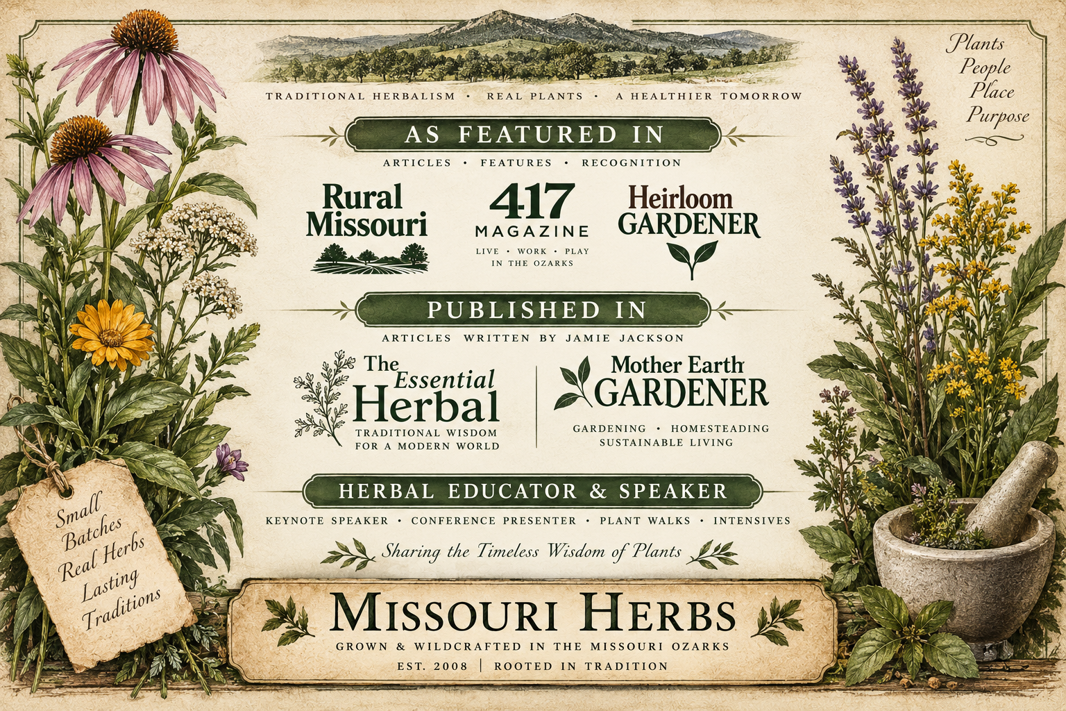 Featured in Rural Missouri, 417 magazine, Heirloom Gardener, The Essential Herbal, Mother Earth Gardener. Herbal Educator, speaker, plant walks.