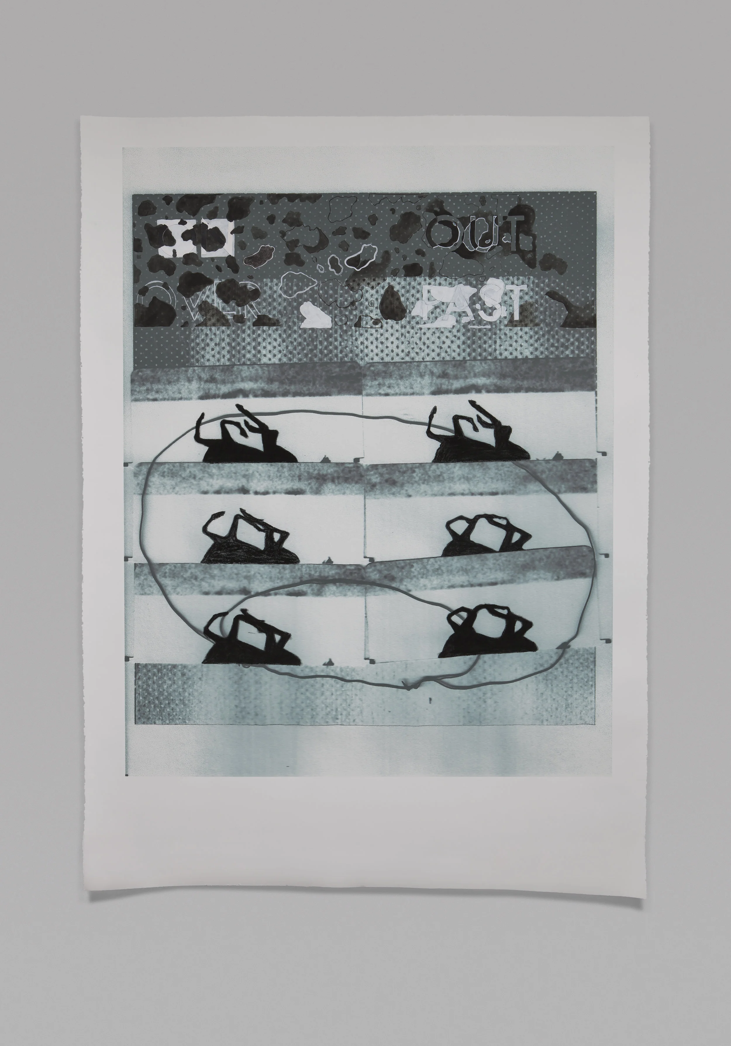 ON, OUT, OVER, PAST , 2017 charcoal, acrylic, ink on digital print