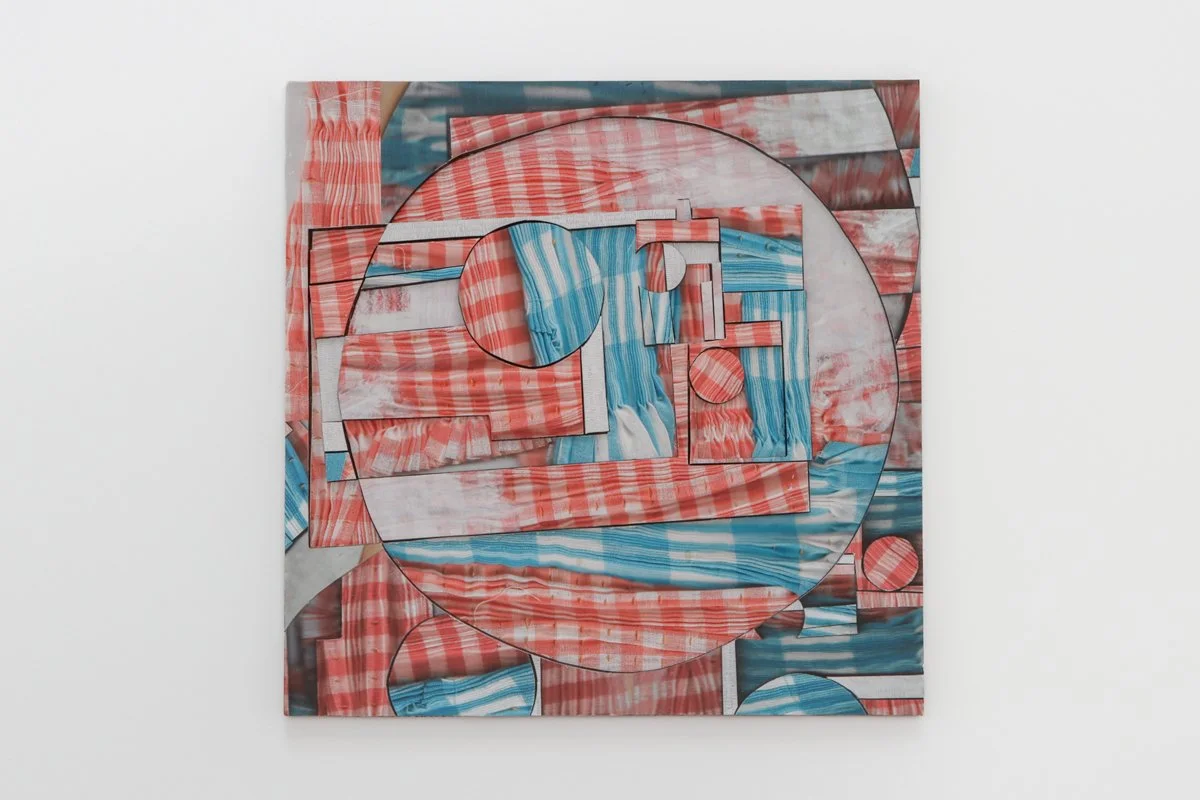  Morning, Noon, Night (fabric scan), 2022  inkjet on lasercut fiberboard   12”x12”x.75   
