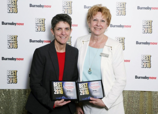 Muleberry PARC General Manager Jerilyn Lee (Left) and Sales Manager Monica Webb (Right) pose with the “ Best Retirement Residence” and “Best Independent Living” awards at the Best of Burnaby Awards -- photography by Malcolm McCutcheon