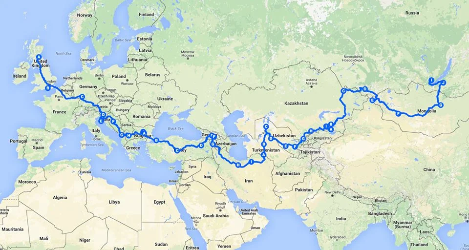 Starting from Scotland, where we'll prep for the rally, to England for the official launch, and then: France, Germany, Austria, Slovenia, Bosnia, Montenegro, Albania, Kosovo, Macedonia, Bulgaria, Turkey, Georgia, Armenia, Iran, Turkmenistan, Uzbekistan, Kazakhstan, Russia, Mongolia, and then Russia again. 