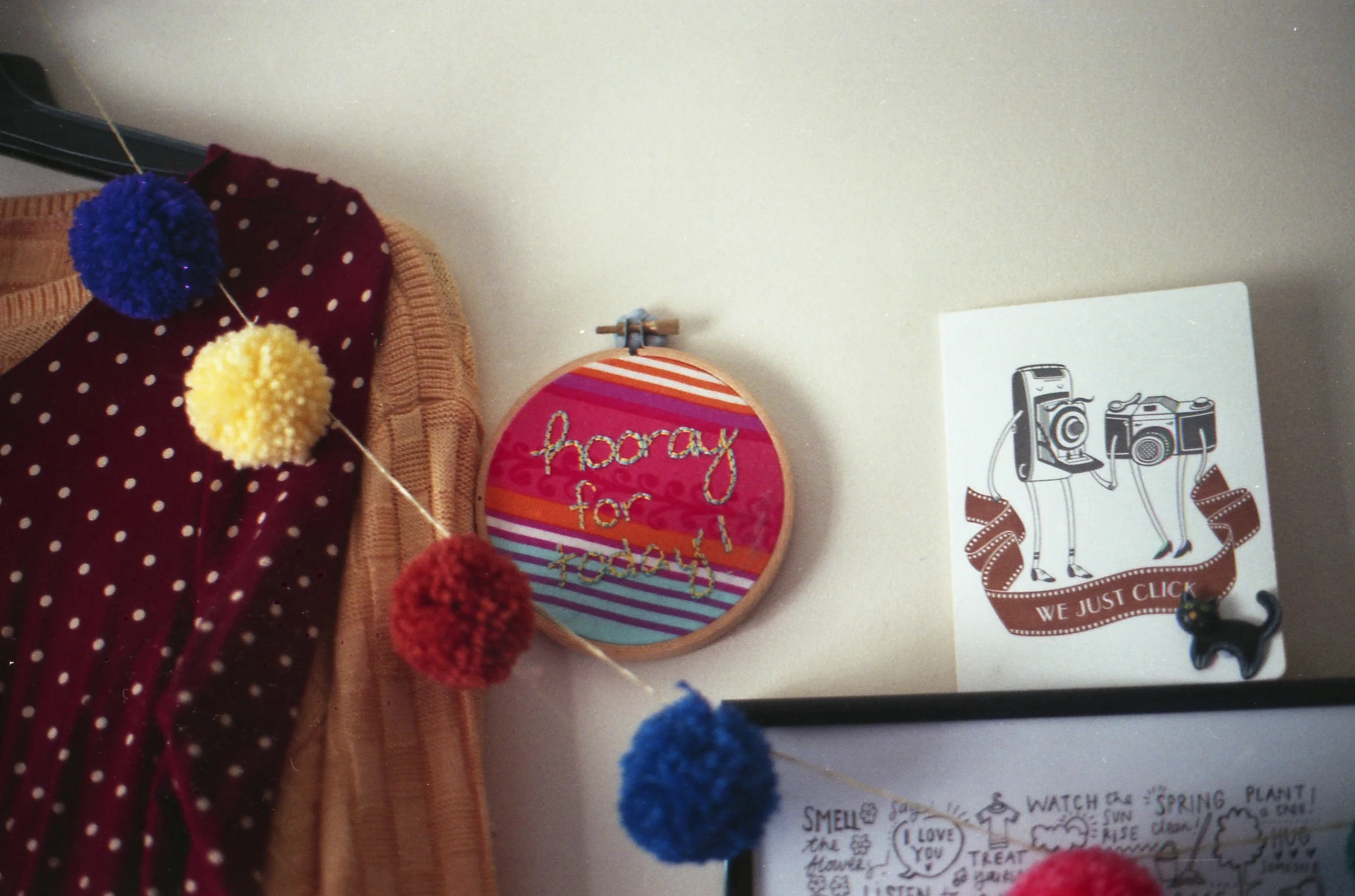 52/366 - On the Sunday I don't leave the house, pom poms (from the top table at our wedding) and my favourite embroidery it is!
