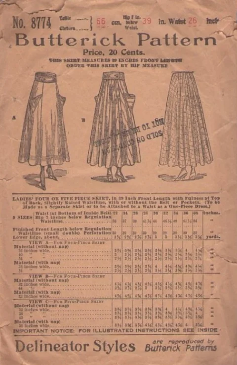 Butterick sewing pattern, circa 1898