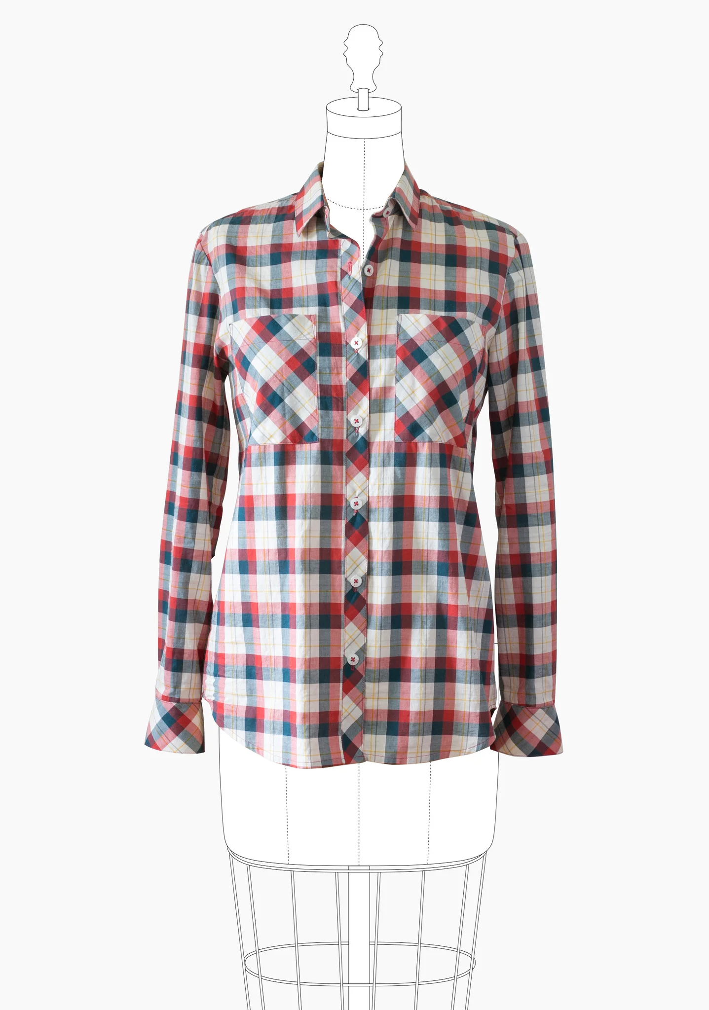 ARCHER - Grainline The Archer Button Up is a loosely fitting shirt with long sleeves. View A has angled cuffs and a back pleat at yoke. View B has straight cuffs and a gathered lower back detail. Techniques involved include sewing a straight seam, setting sleeves, continuous button plackets, adding a shirt collar and buttons & buttonholes. 