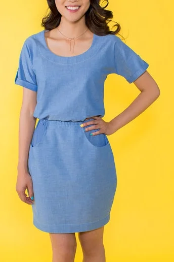 BETTINE Tilly & The Buttons Bettine is an easy-peasy throw-it-over-your-head dress. It has a blousy bodice with scoop neckline, kimono sleeves which hang softly around the underarm, turn-up cuffs, elasticated waistline to cinch you in and flattering tulip skirt. The plain skirt version is a perfect project for beginners, as it's simple to sew, with no fiddly darts, fastenings or set-in sleeves - yay! More experienced? Try the pocket skirt version and optional cuff tabs for a speedy, satisfying project.