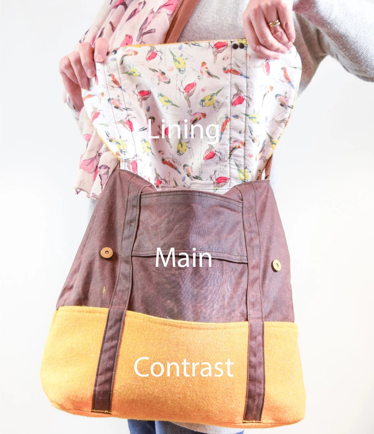 In this lovely student example, the main fabric is Oil Cloth, the contrast fabric a mustard yellow tweed, and the lining an interesting bird print cotton. 