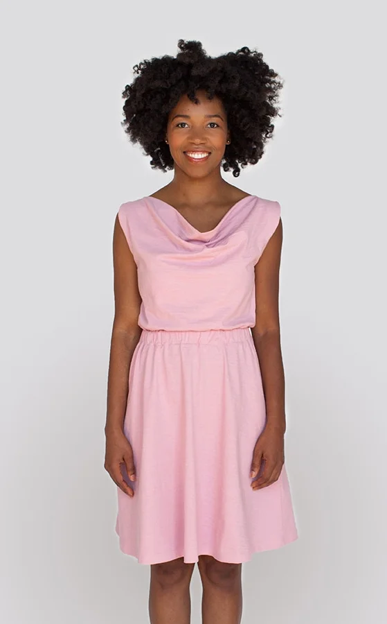 MYRTLE DRESS by Colette Myrtle has a beautifully draped cowl neckline, a comfortable and figure skimming elasticised waist, and a flowing gathered skirt with in-seam pockets. The skirt of Version 1 falls just below the knee. Version 2 features adjustable button-on shoulder tabs and an above-the-knee hemline.
