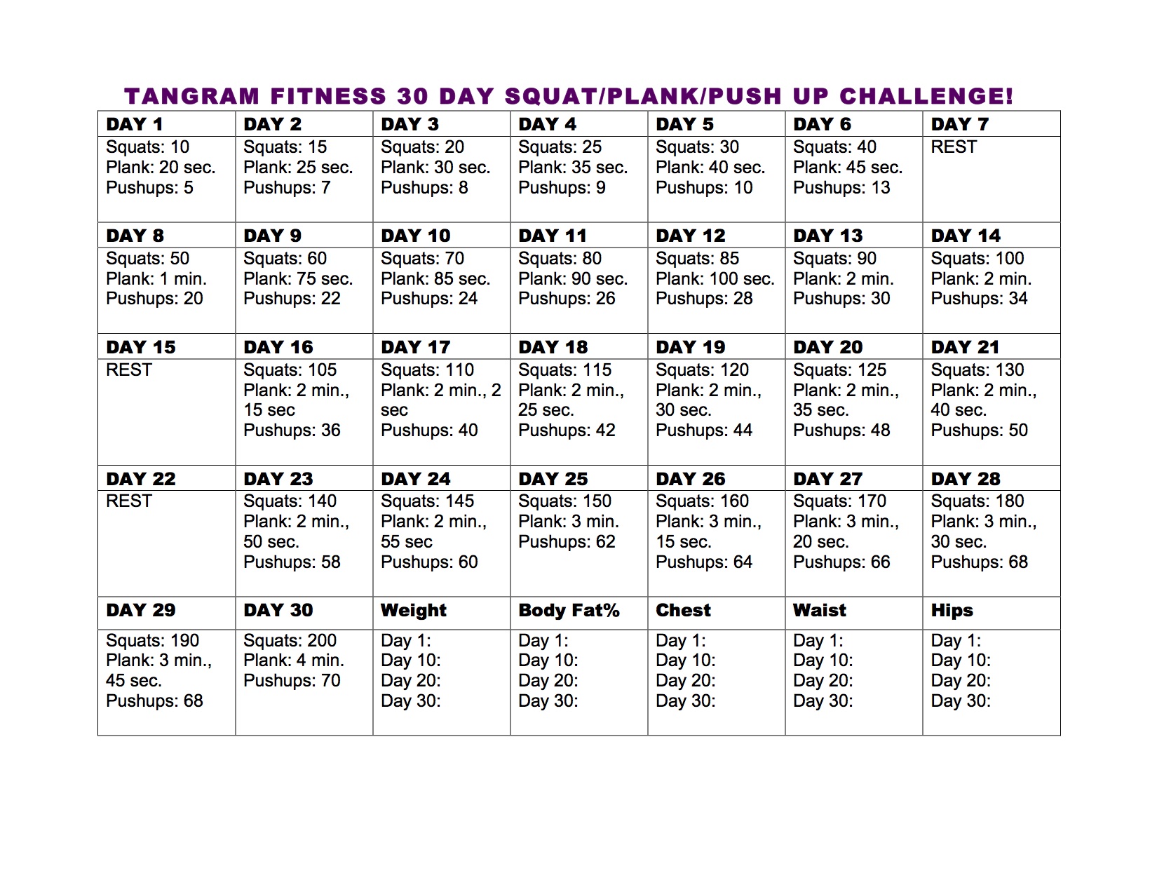 30 Day Leg Challenge Chart