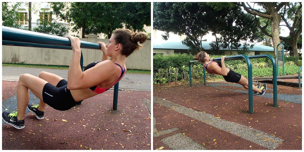 Begin on a low bar with your knees bent, heels planted into the ground. This will provide added support. As you progress and are able to do 15-20 low bar pull-ups with bent knees, extend your legs straight.