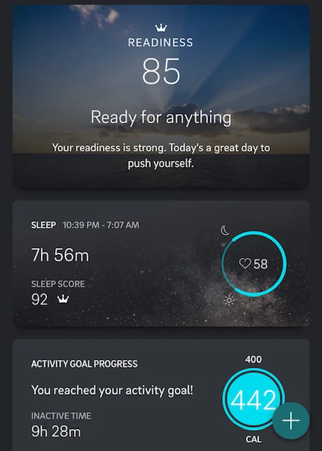 The Oura ring provides sleep data, heart rate variability, and tracks daily activity levels.