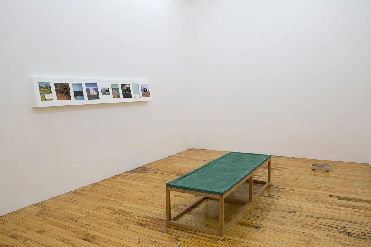   Nothing that Gleams &nbsp;- Exhibition view, Three Walls  Wall: Assorted collages - found image, glaze, ceramic. 2014  Floor:&nbsp; Remington Three Seater.&nbsp;  Cherry, Magic Sculp. 2014    Photo credit Clare Britt     