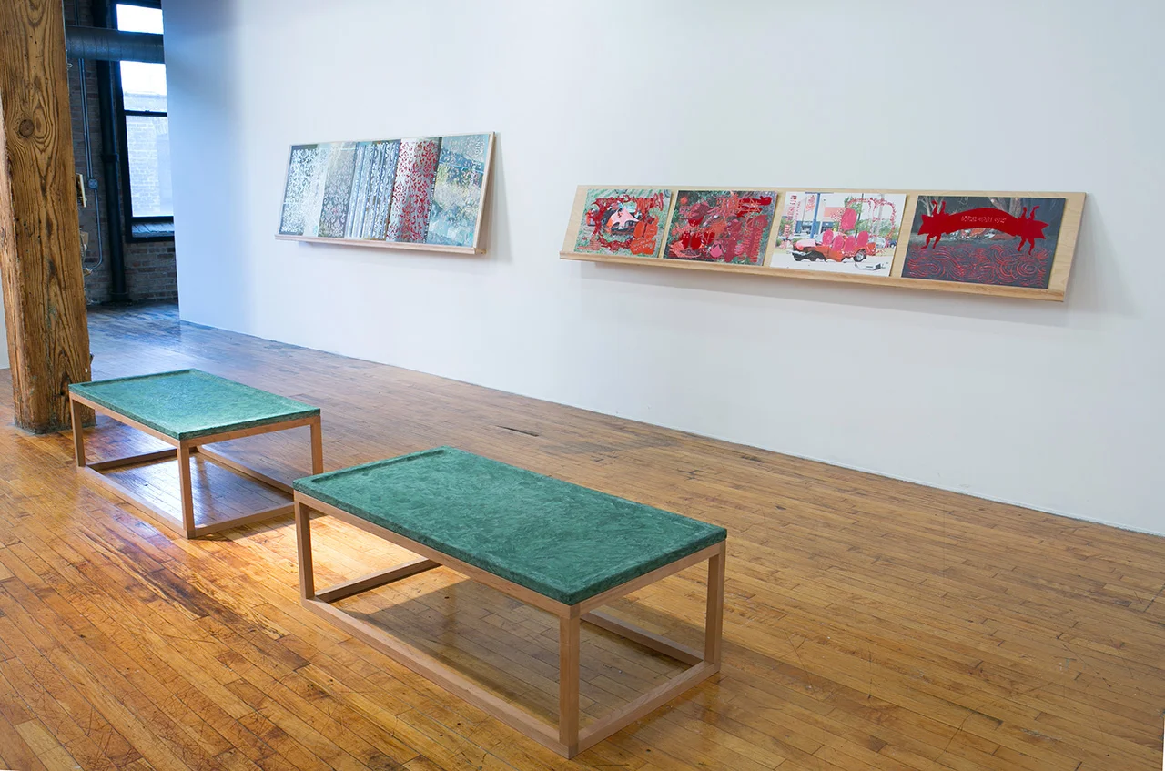  Floor:&nbsp; Remington Two Seater    Cherry, Magic Sculp. 2014    Wall: Work by Carol Jackson for her show&nbsp; High Plains Drifter&nbsp;     Photo credit Clare Britt     