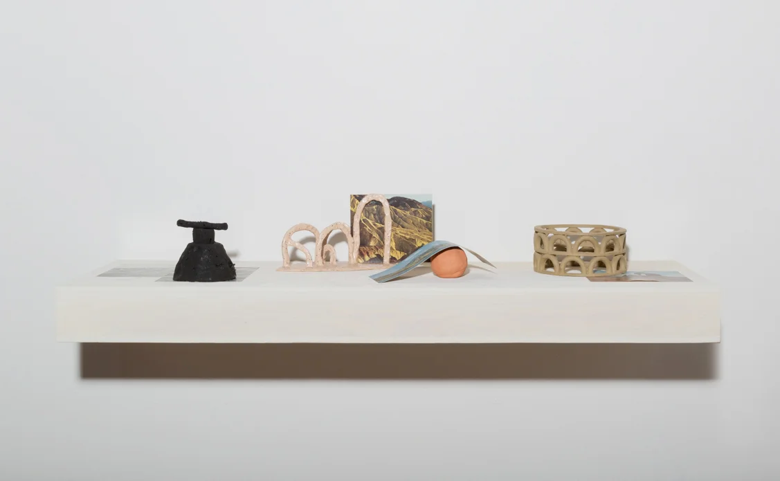  From left to right:   Mountain &amp; Mountains,&nbsp;  Archways &amp; Badlands, Ball Under Mountain,&nbsp; &amp; C oliseum &amp; Arch.&nbsp;   Found images, ceramic, and glaze. 2016 