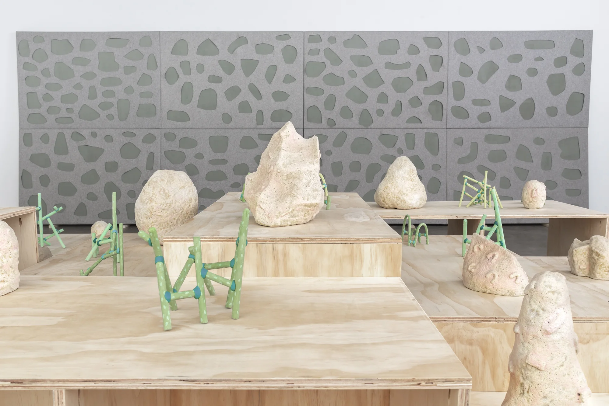   Boulders &amp; Blossoms   Glazed stoneware, earthenware, underglaze, Magic Sculp, plywood. 2018  Photo credit Third Dune Productions 