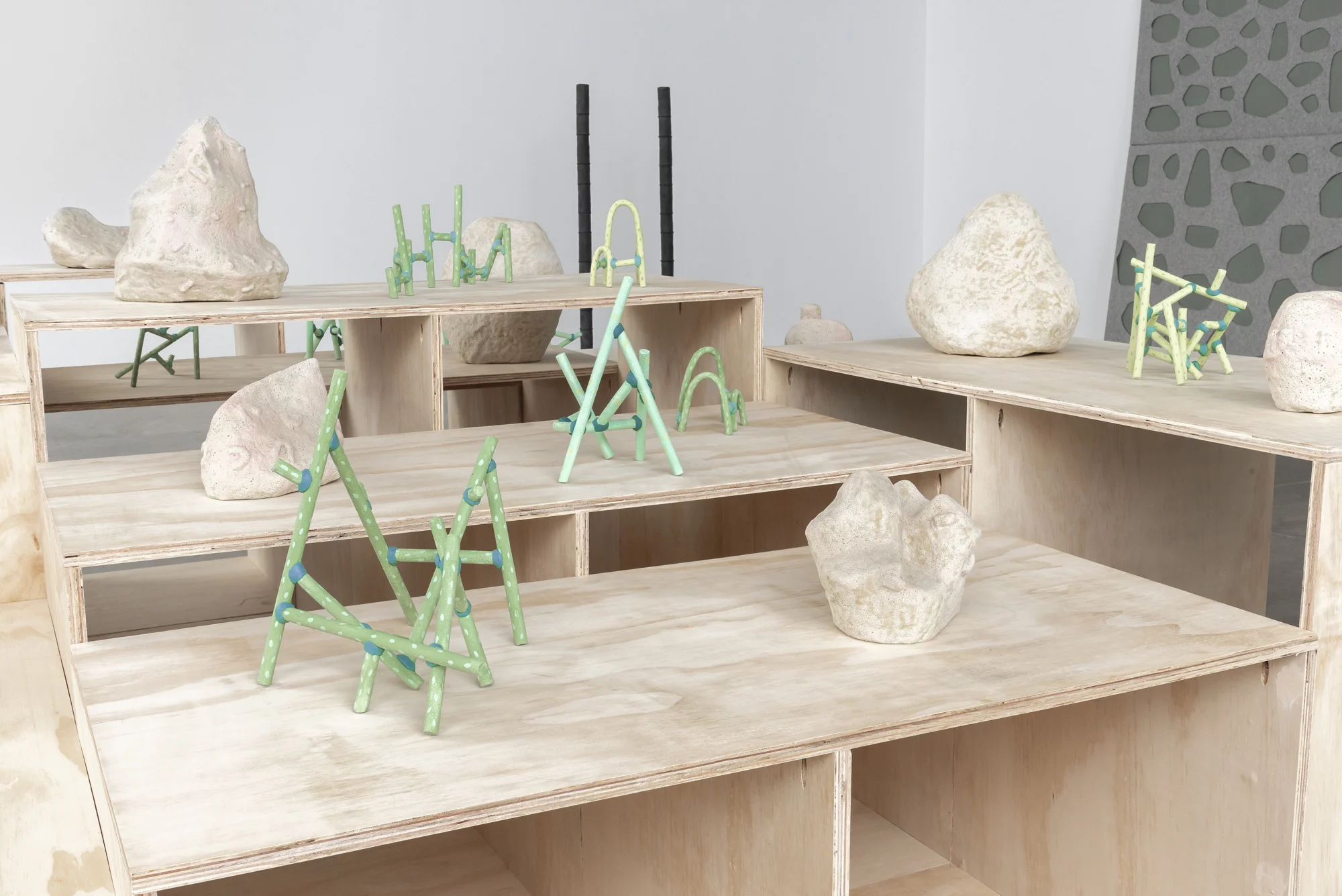   Boulders &amp; Blossoms   Glazed stoneware, earthenware, underglaze, Magic Sculp, plywood. 2018  Photo credit Third Dune Productions 