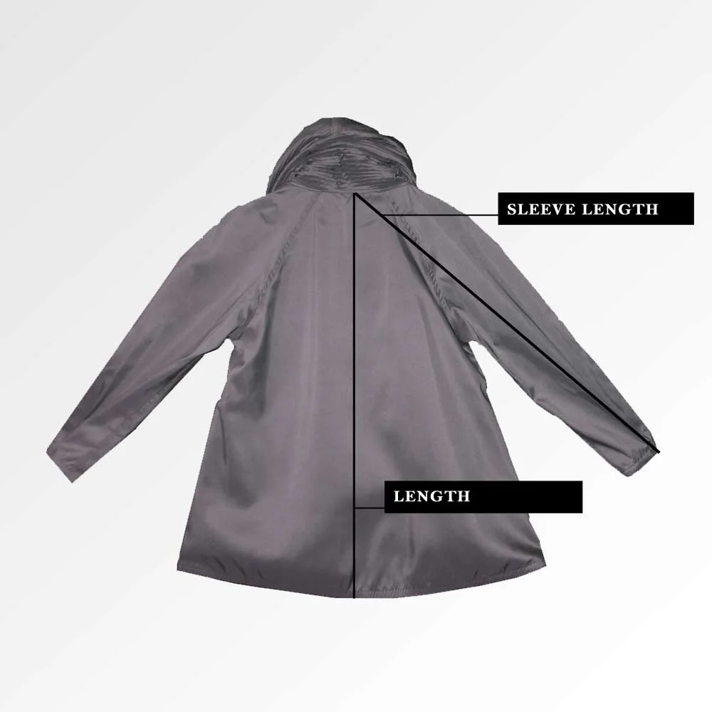 Back of Mycra Pac Mini Raincoat size chart measurement guide