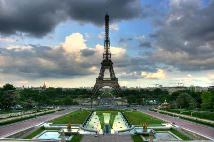 Eiffel tower over stormy seen from Trocadero terrace.