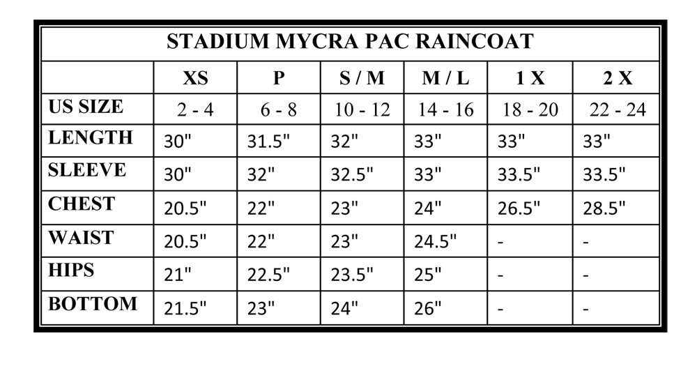 Raincoat Size Chart