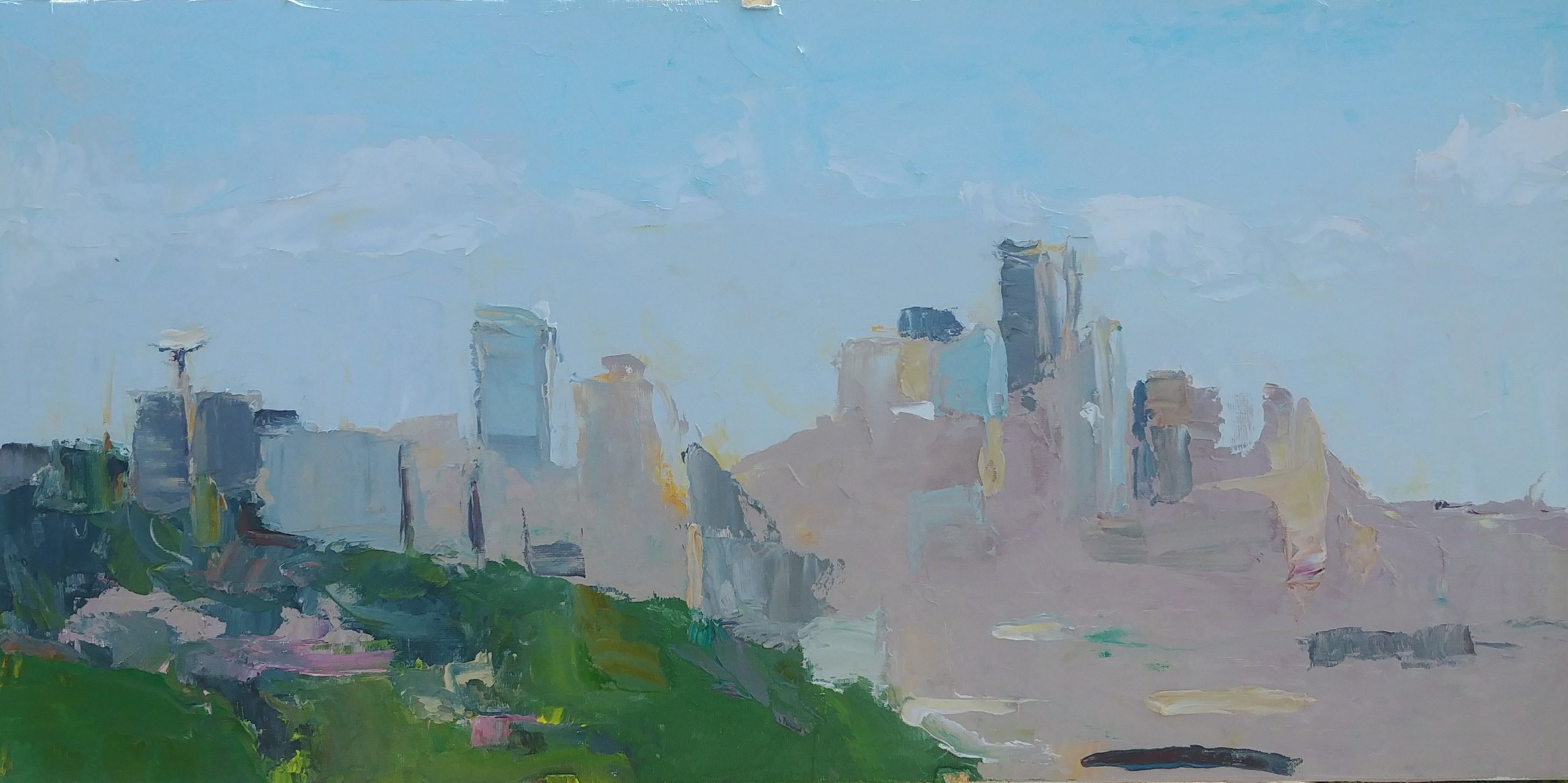   April High Noon View from Ella Bailey Park, Seattle , 2019 Oil on canvas board, 12 x 24” Available -&gt;  Inquire  