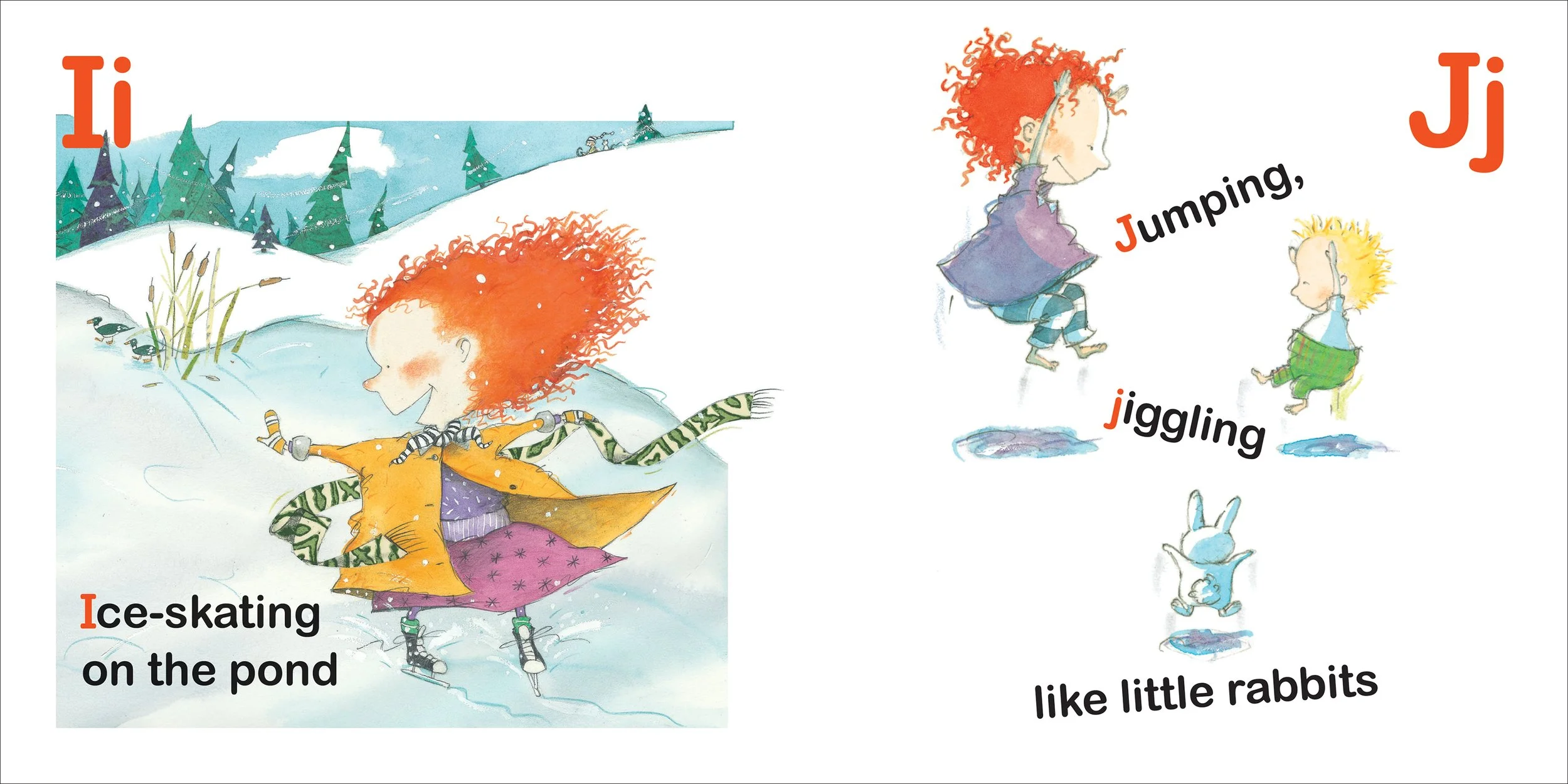 A spread from Stella and Sam ABC. One page for the letter I shows Stella ice skating on a pond, and the page beside for j shows Stella and Sam jumping, jiggling like little rabbits.