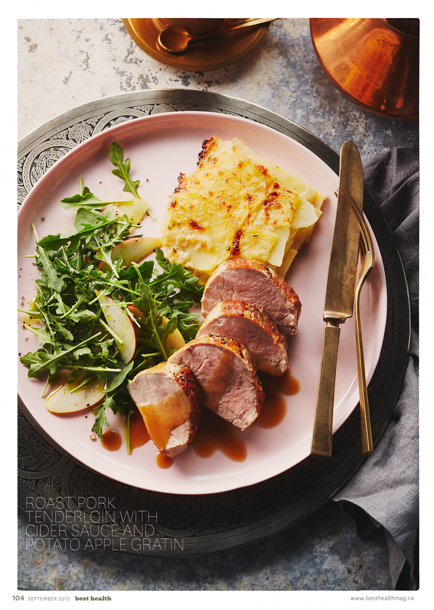 Roast pork tenderloin with cider sauce and potato apple gratin