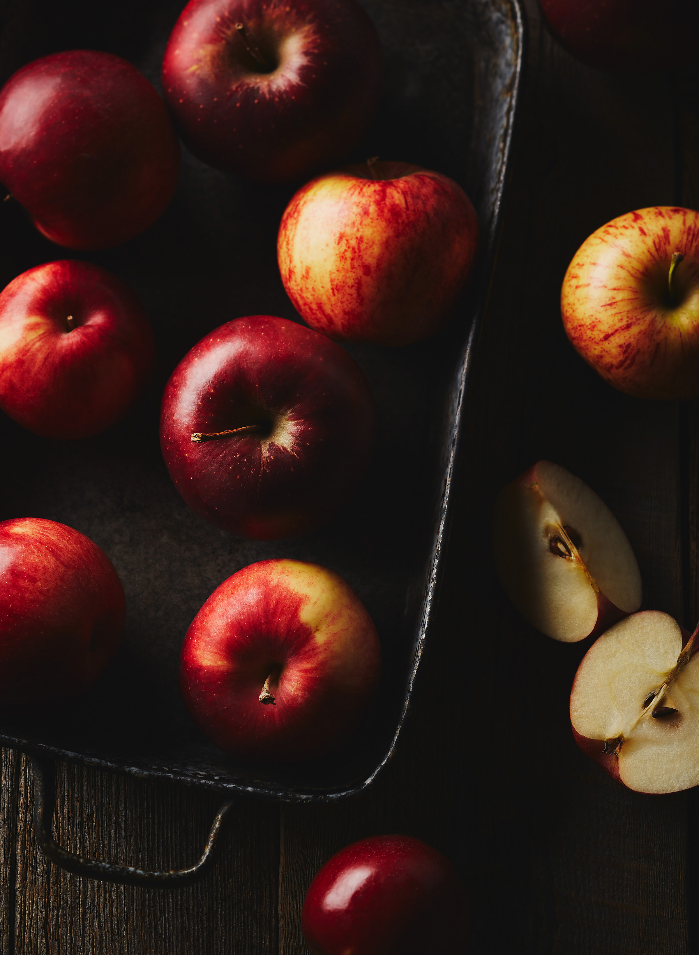 For this shot, our goal was to create a rich and moody setting for an Autumn story we were shooting for Best Health Magazine. I love the shadowy directional light in this shot. The red tones in the apple just pop off shadows. I shot this with the 90mm tilt shift lens - looking closely, you can see the focus fall off at the top of the frame. It's subtle but it helps to create depth and dimension, especially when shooting from overhead.