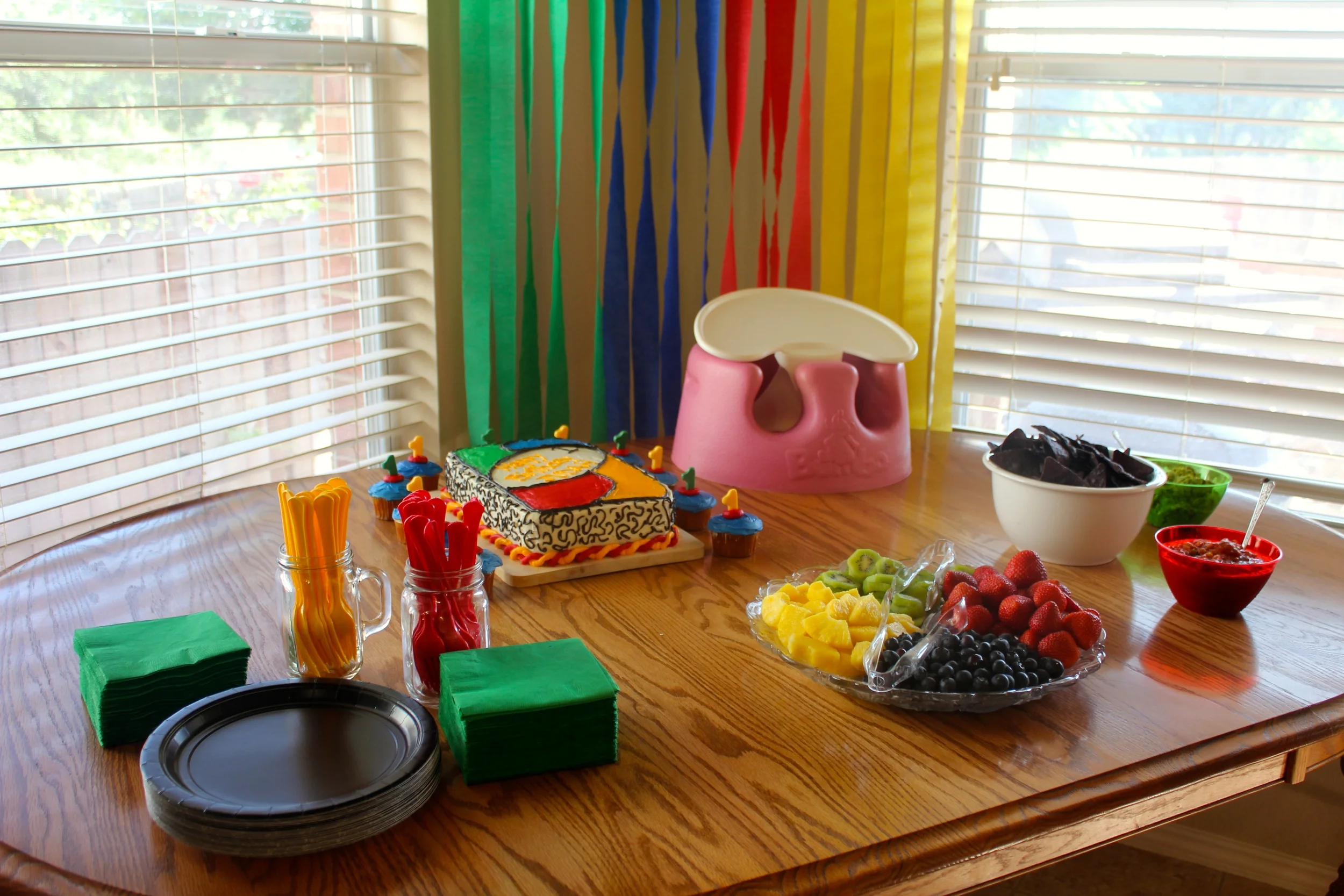 Joshua grilled fajitas, but our snack table attempted to stay in color theme...we just missed out by keeping the queso in the crockpot on the kitchen counter!