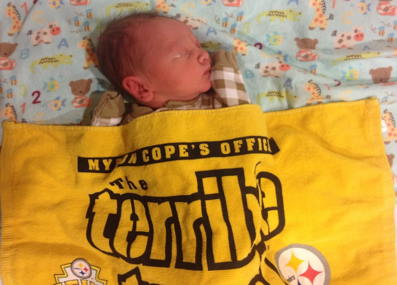 Judah within hours of being born. Baptism by Terrible Towel.