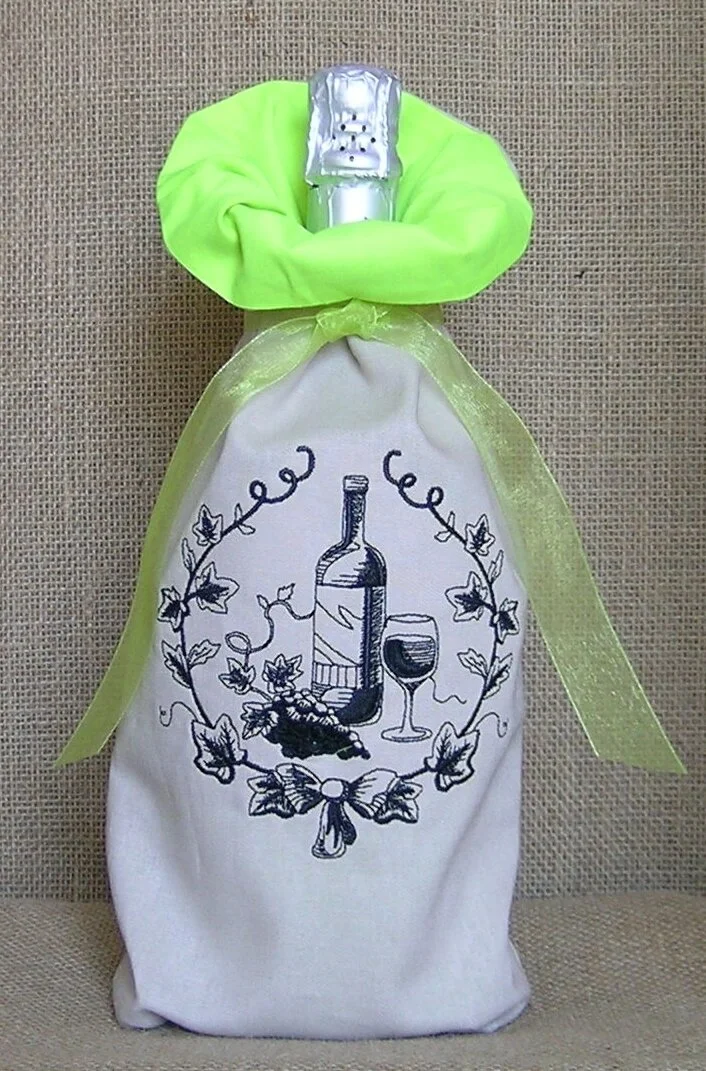 Embroidered Wine Bag with Laurel and Wine —
