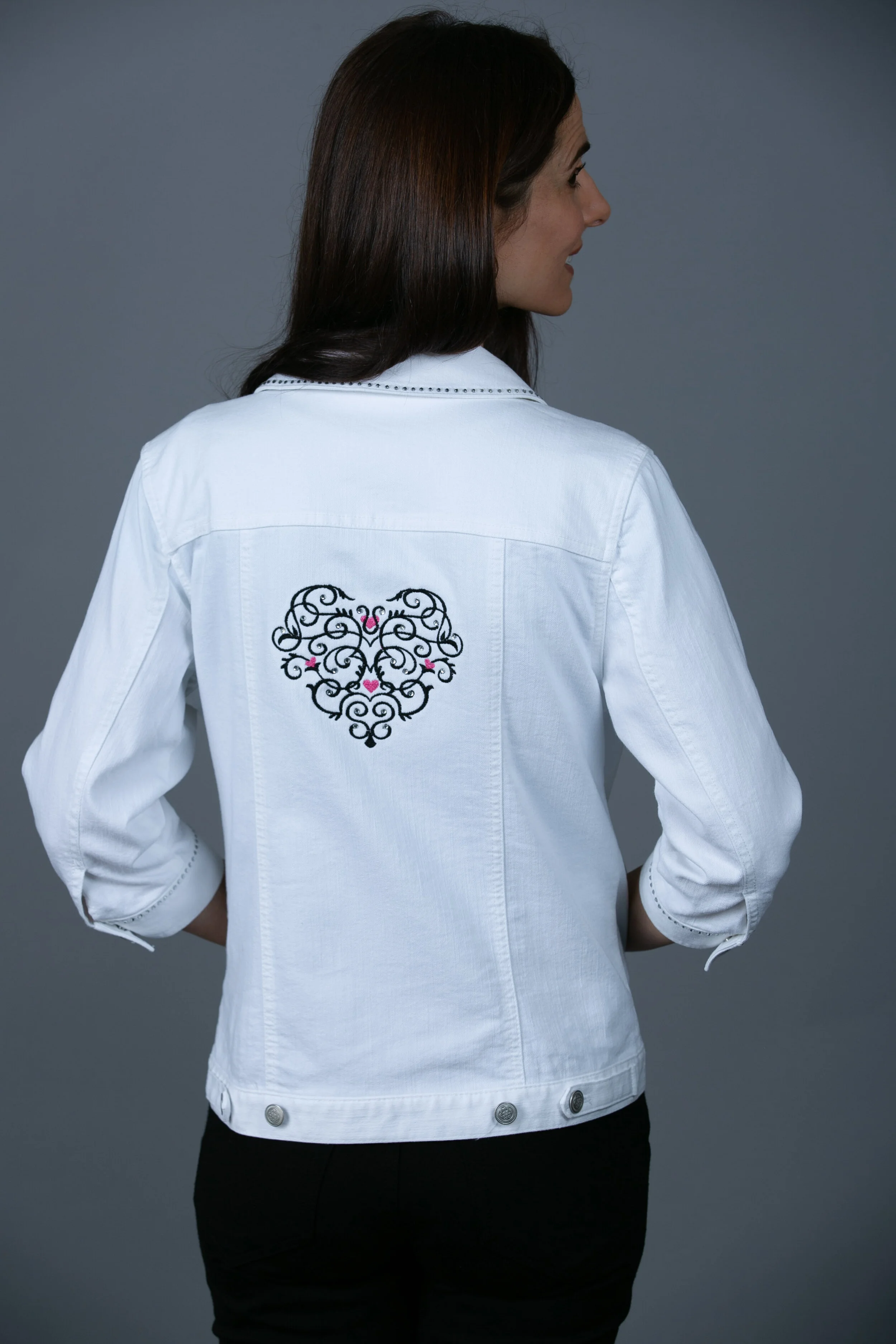 embellished white denim jacket