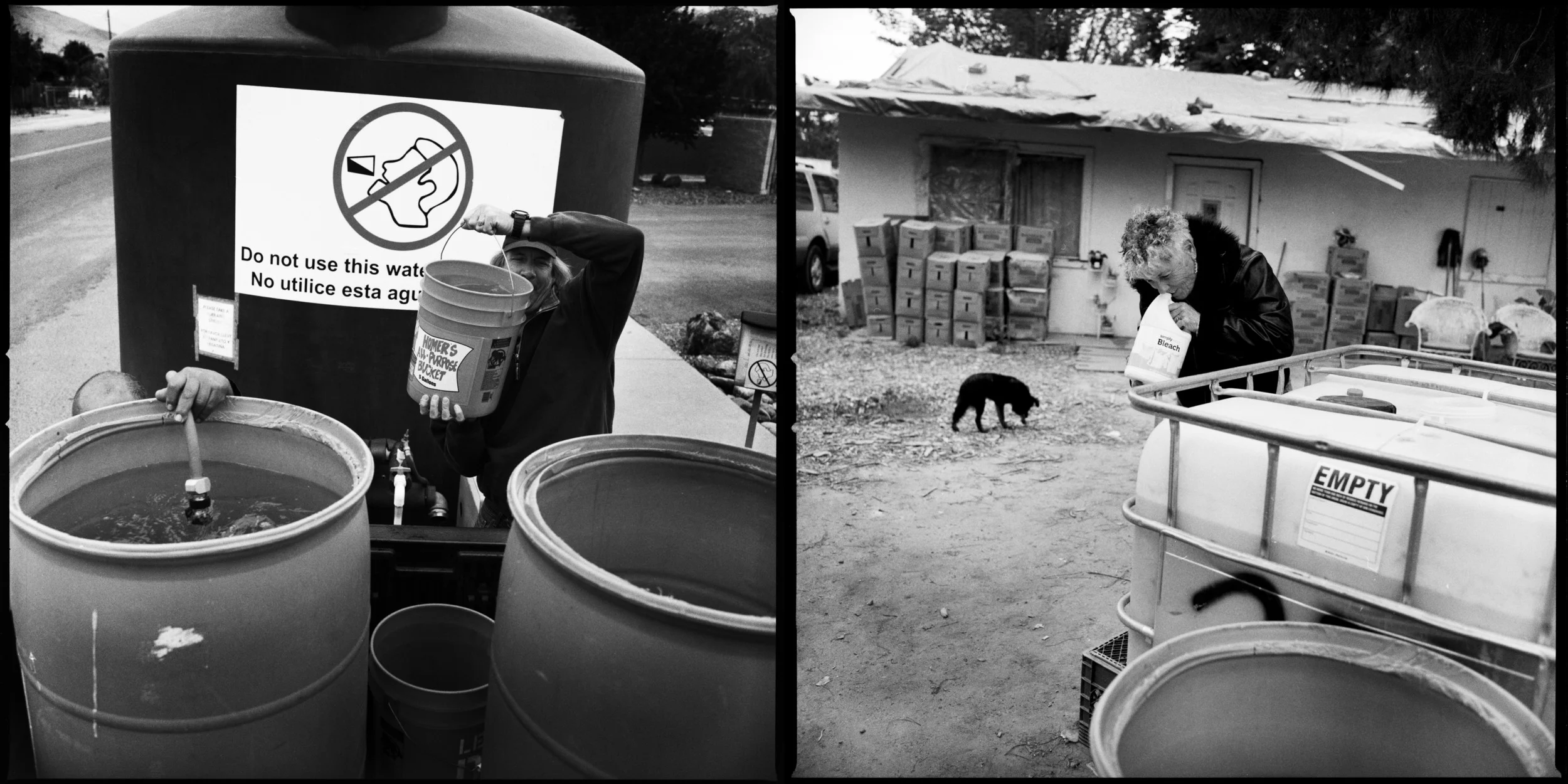  Howard (left) and his wife Donna (R)  Johnson help out East Porterville resident Beto Orozco April 7, 2015 as they fill drums with water from the local fire station. The untreated water must be neutralized with bleach to kill off bacteria and mosqui