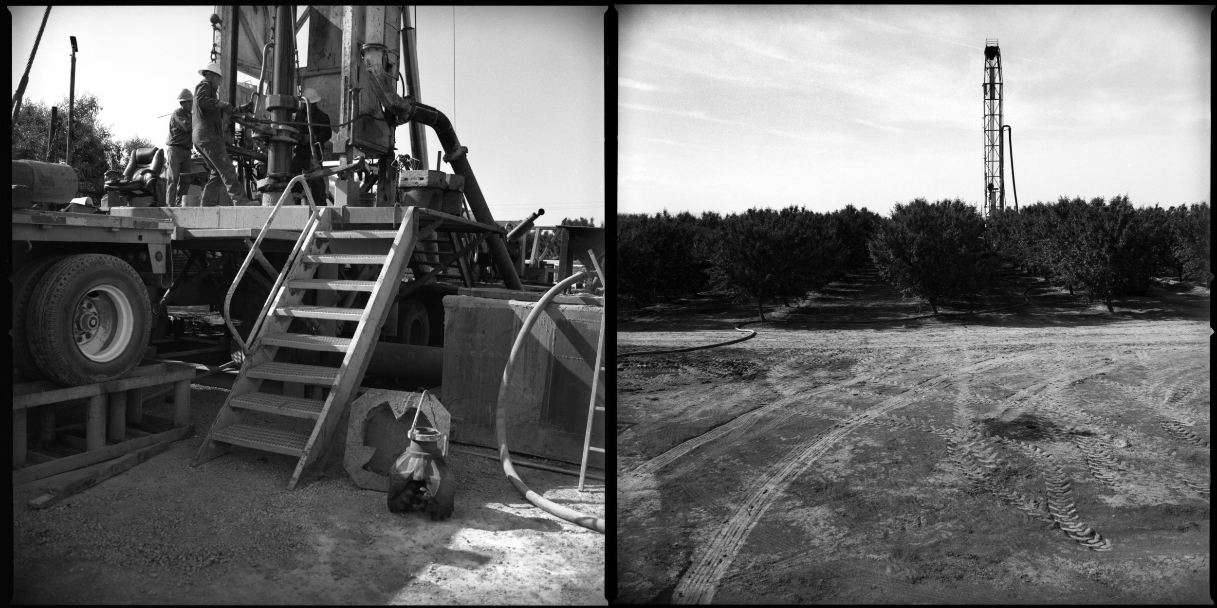  A drilling outfit at a almond orchard in Huron, California April 4, 2015 will drill 24-hours a day for up two months to a depth of  2,300 feet looking for a new source of water. Some famers have spent $500,000 US or more drilling for water which is 