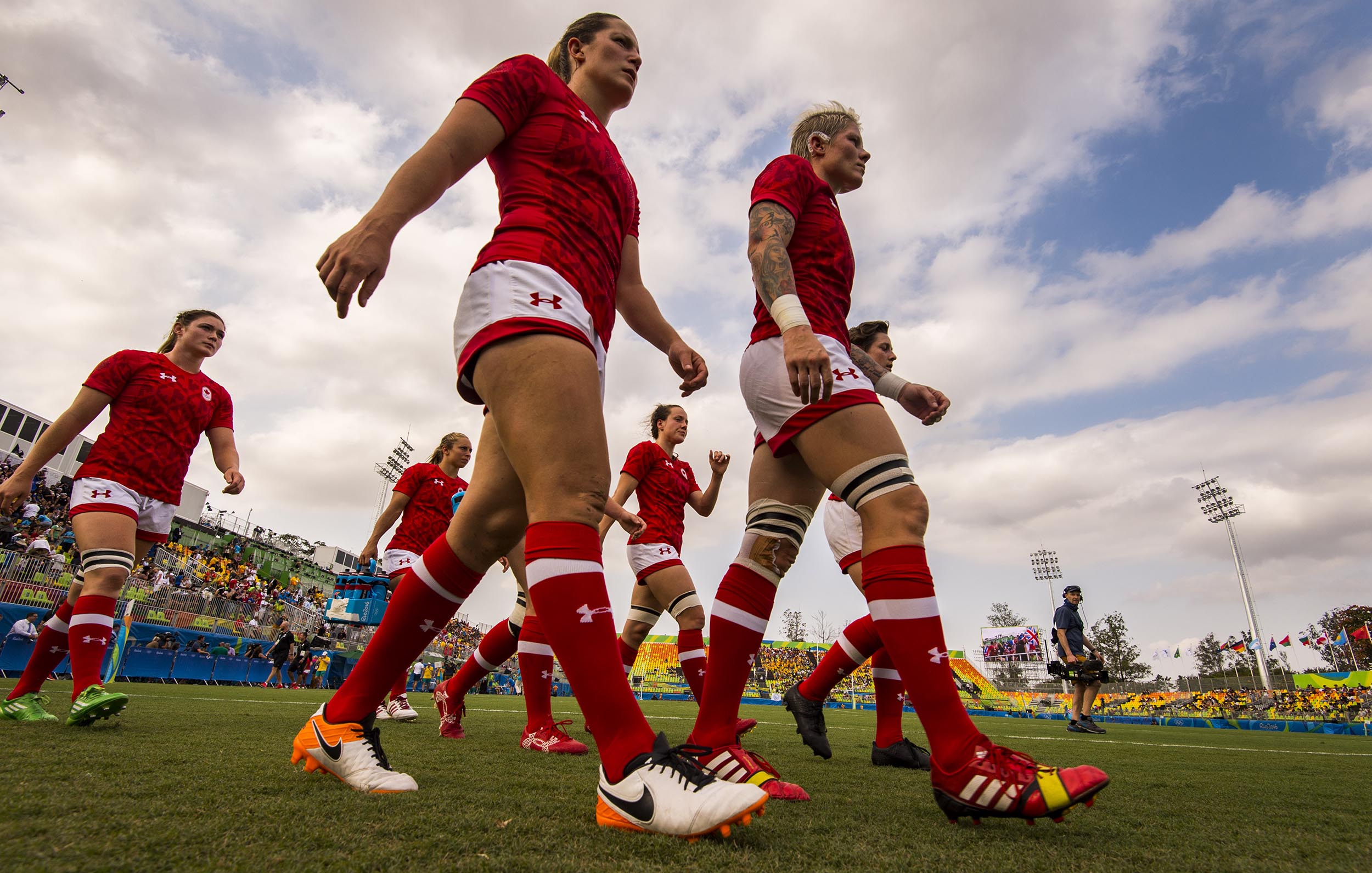 The Canadian women's rugby team makes their off the field after losing to Australia in Rugby Sevens semi-final match at Deodoro Stadium at Rio Olympics August 8, 2016. (John Lehmann/The Globe and Mail)