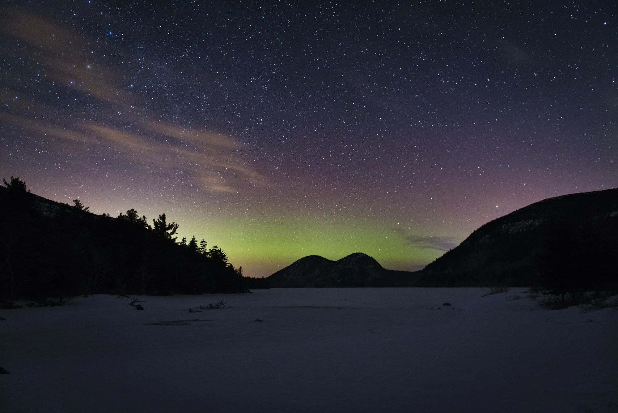 February Aurora, Jordan Pond, Acadia National Park