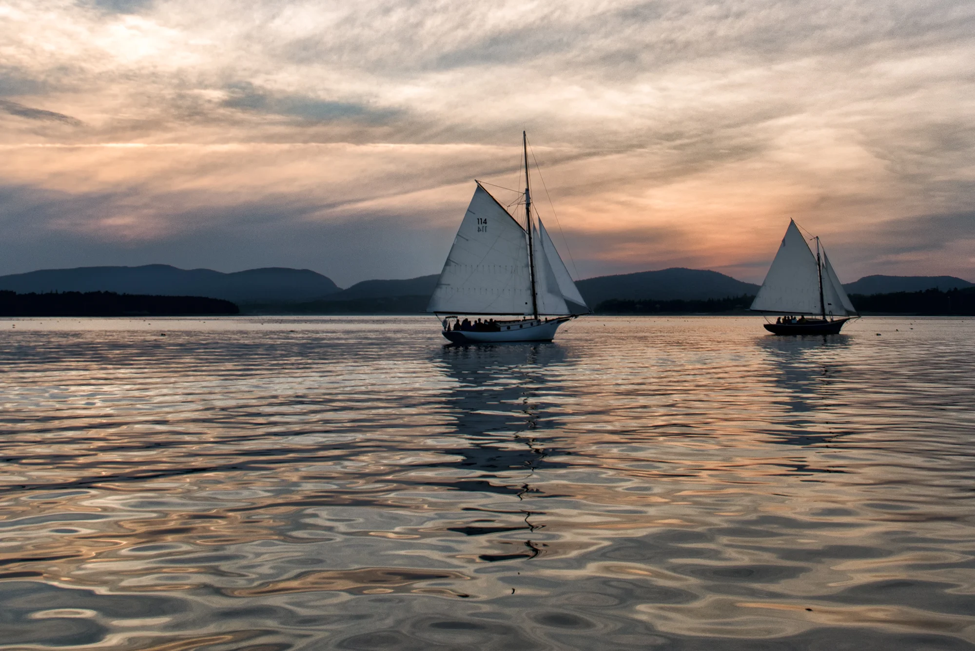 Friendship Sloops at Sunset, Western Way, Mount Desert Island, Maine