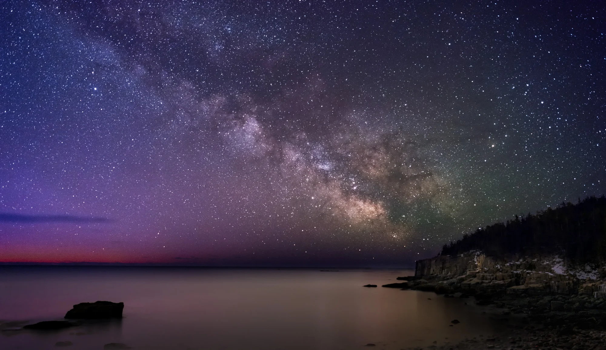 Sunrise Milky Way at Otter Cliffs in Acadia National Park, Maine