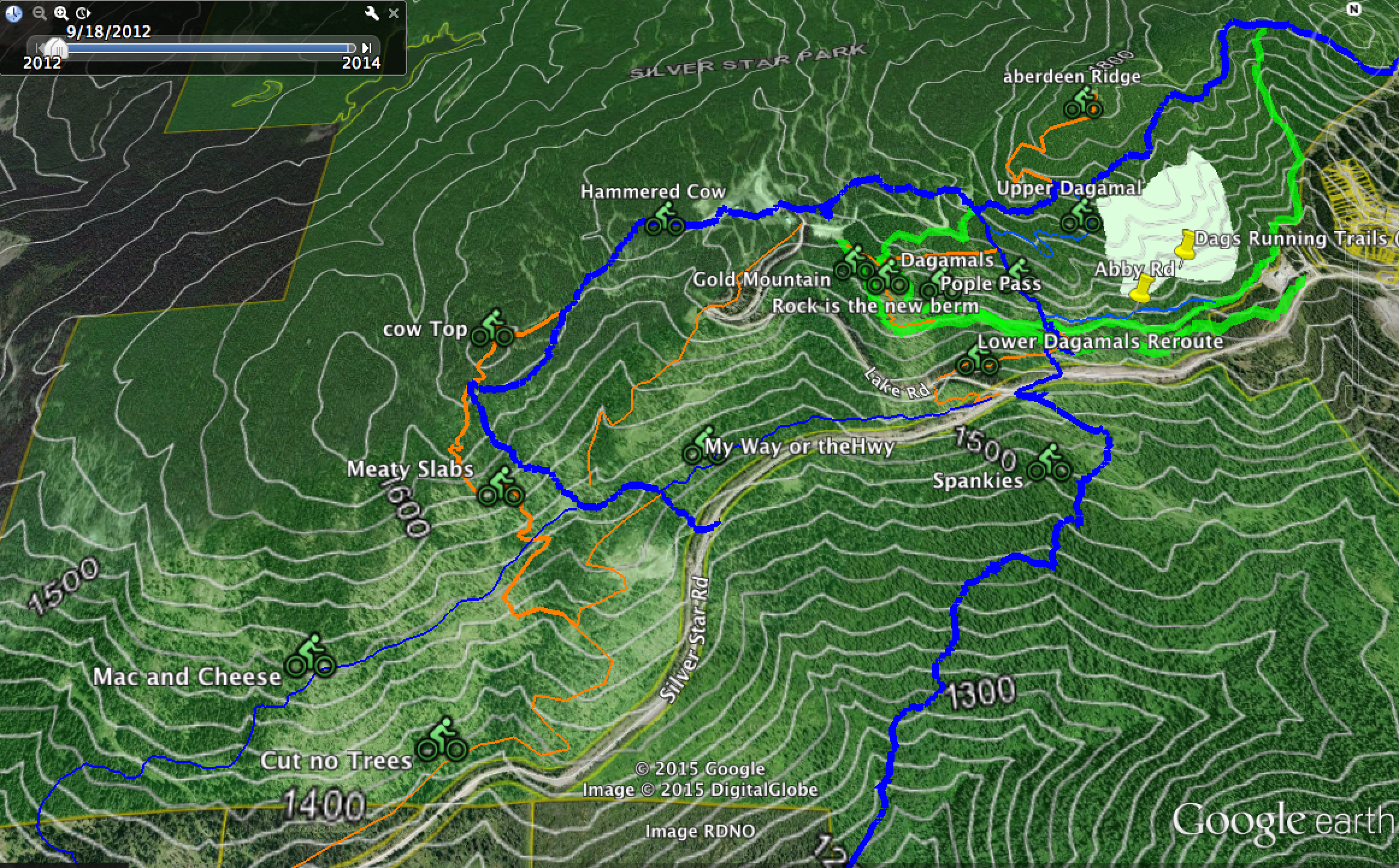 Silver Star Provincal Park Blue Existing, Orange Proposed, Green is Existing Nordic or Snowmobile Trail