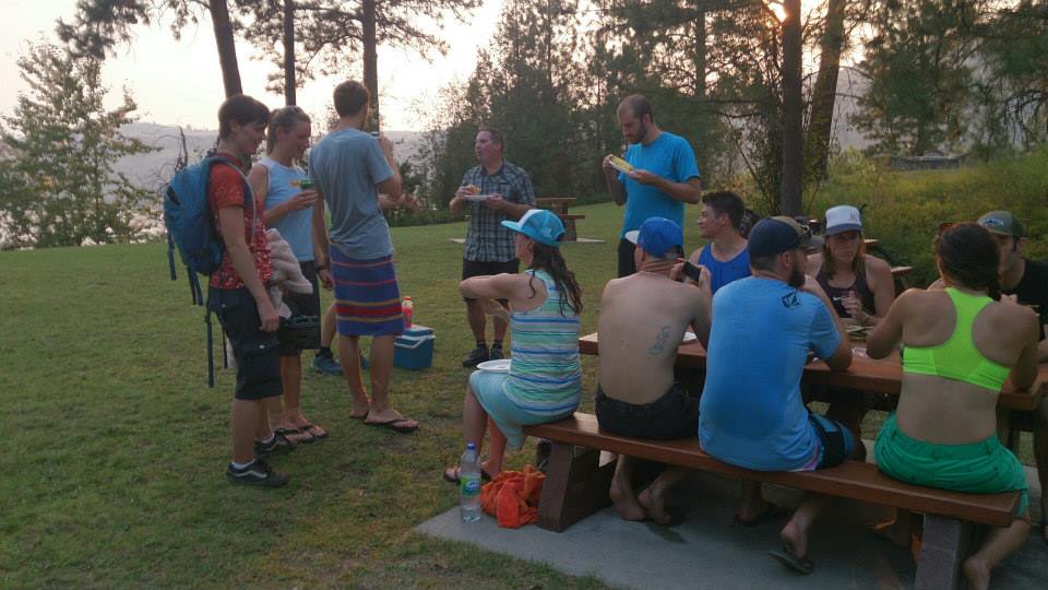 People were excited to get into the water at the end of the very hot ride, and then came out to eat and chat, all looking quite damp!