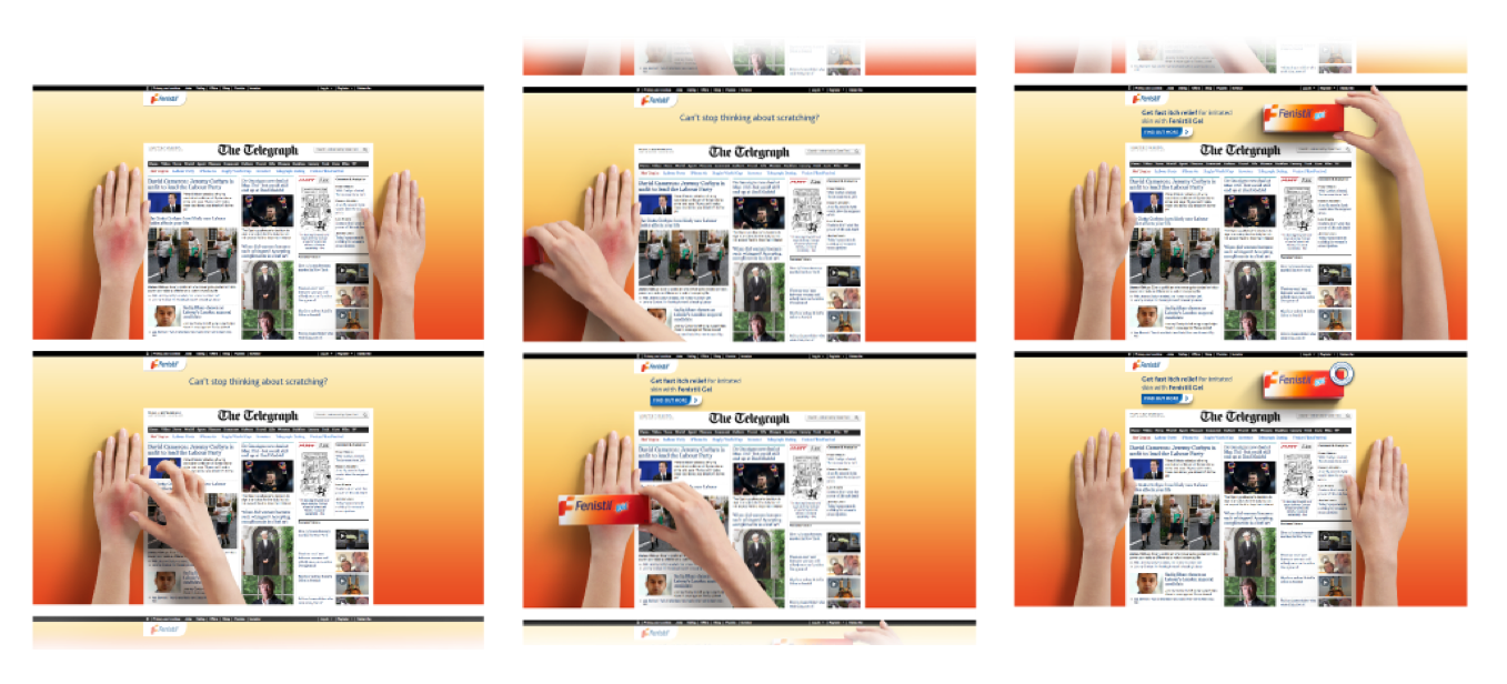 We created an animated page takeover with hands laying on either side of a popular news site, one which has itchy irritated skin. The hand on the right would keep trying to resist the urge to move across the page and scratch the left hand, until it …